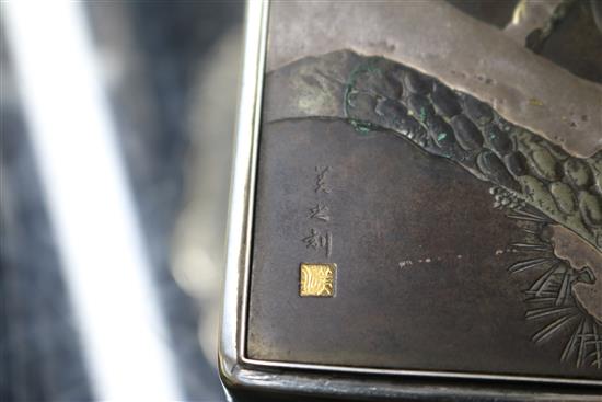 A Japanese mixed metal and rosewood lined cigarette box, signed on lid, 16cm.